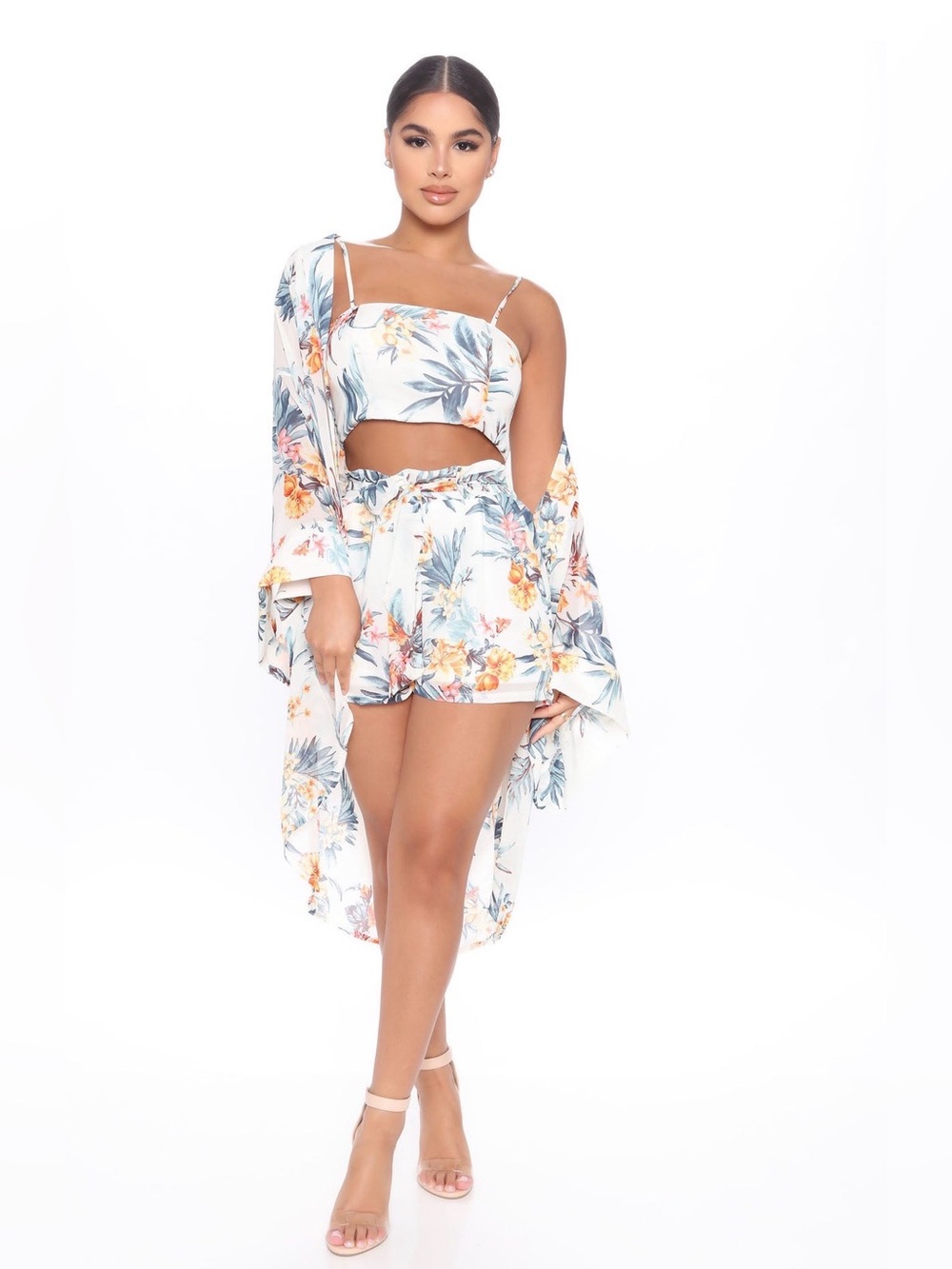 Floral Drawstring Waist Women’s Shorts - White Tropical Print Set